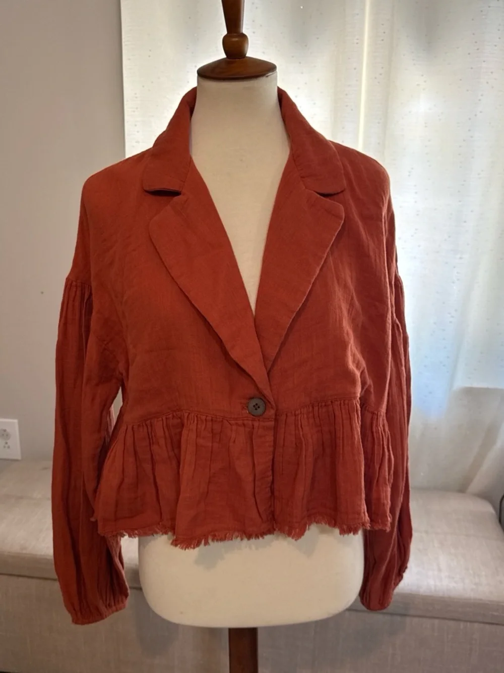 Free People Rust-Orange Ruffled Button Jacket - Picture 2 of 7